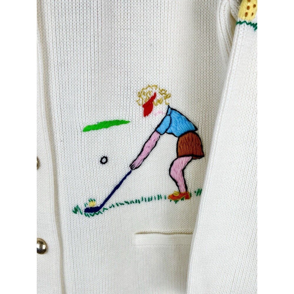 Women's 80s VTG Andreno Argenti Size L Cardigan Off White Golf Cardigan Novelty - Picture 2 of 7